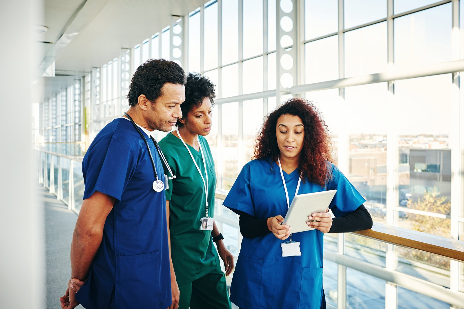 Emergency nurses discussing notes