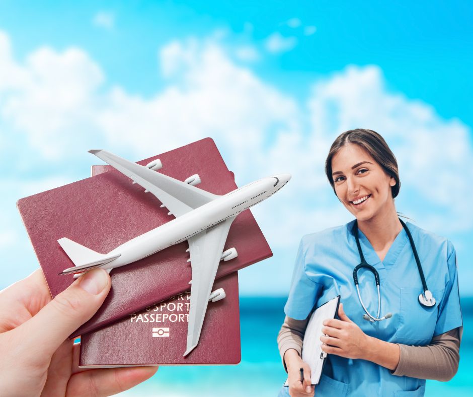 Nurse stood next to a plane an a passport. Getting ready to travel with the best travel nursing agencies.