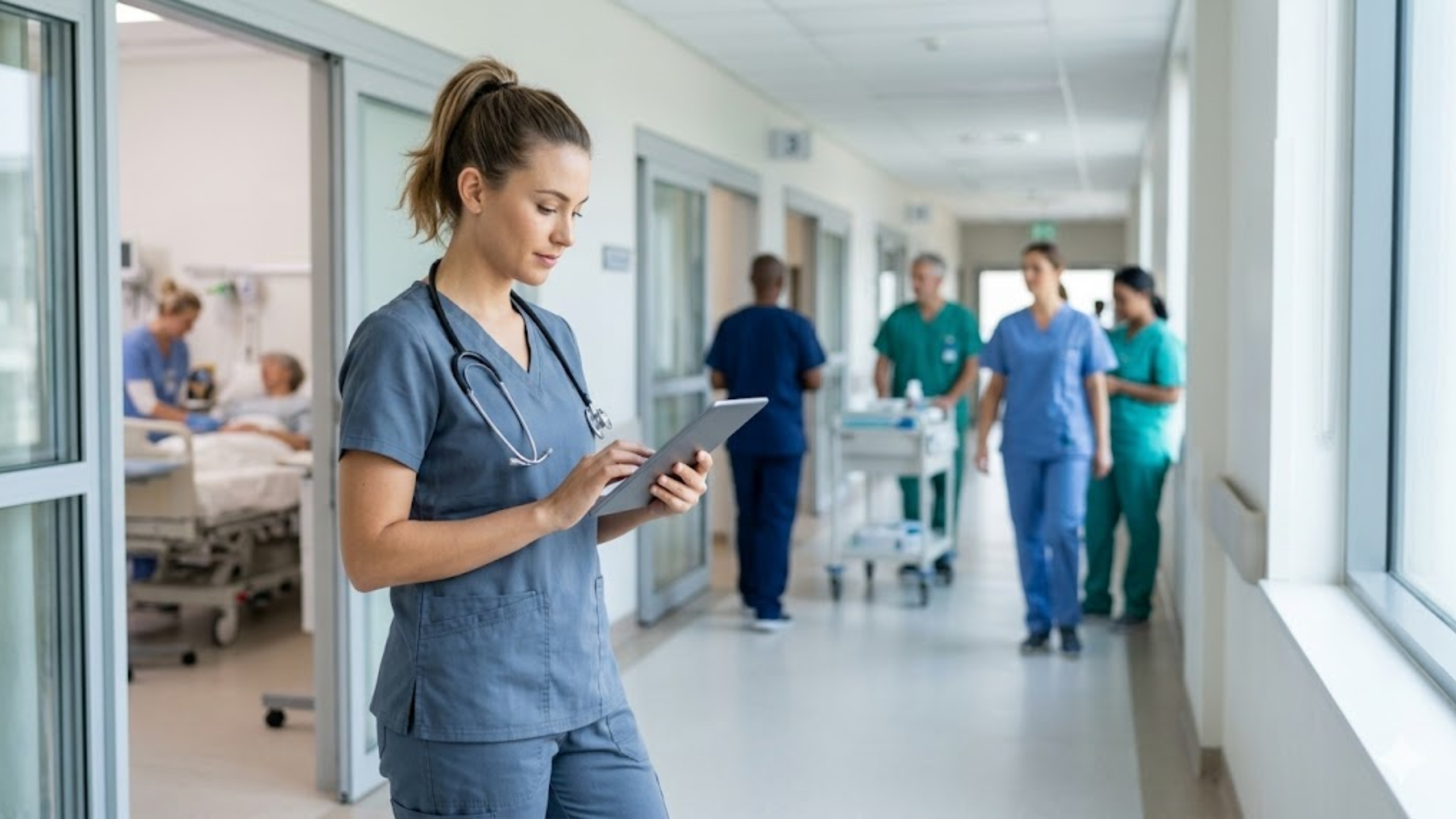 Nurse using tablet in hospital